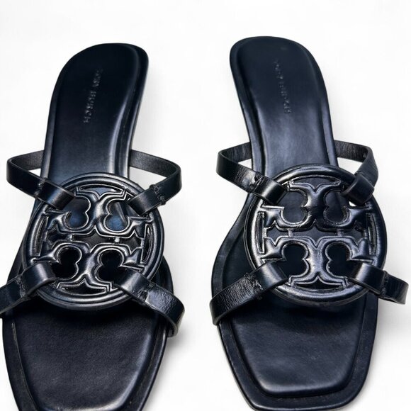 TORY BURCH Miller Bombé Embossed Logo Gold Kitten Heeled Sandal, Black, Size 6 - Picture 6 of 16